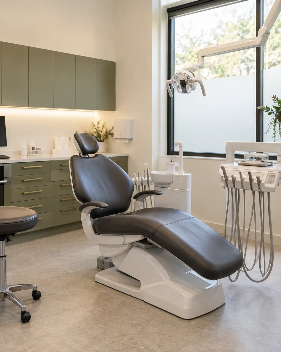 Illustrative dental treatment room with a charcoal chair, olive cabinetry and soft daylight; AI-generated, not a client photograph